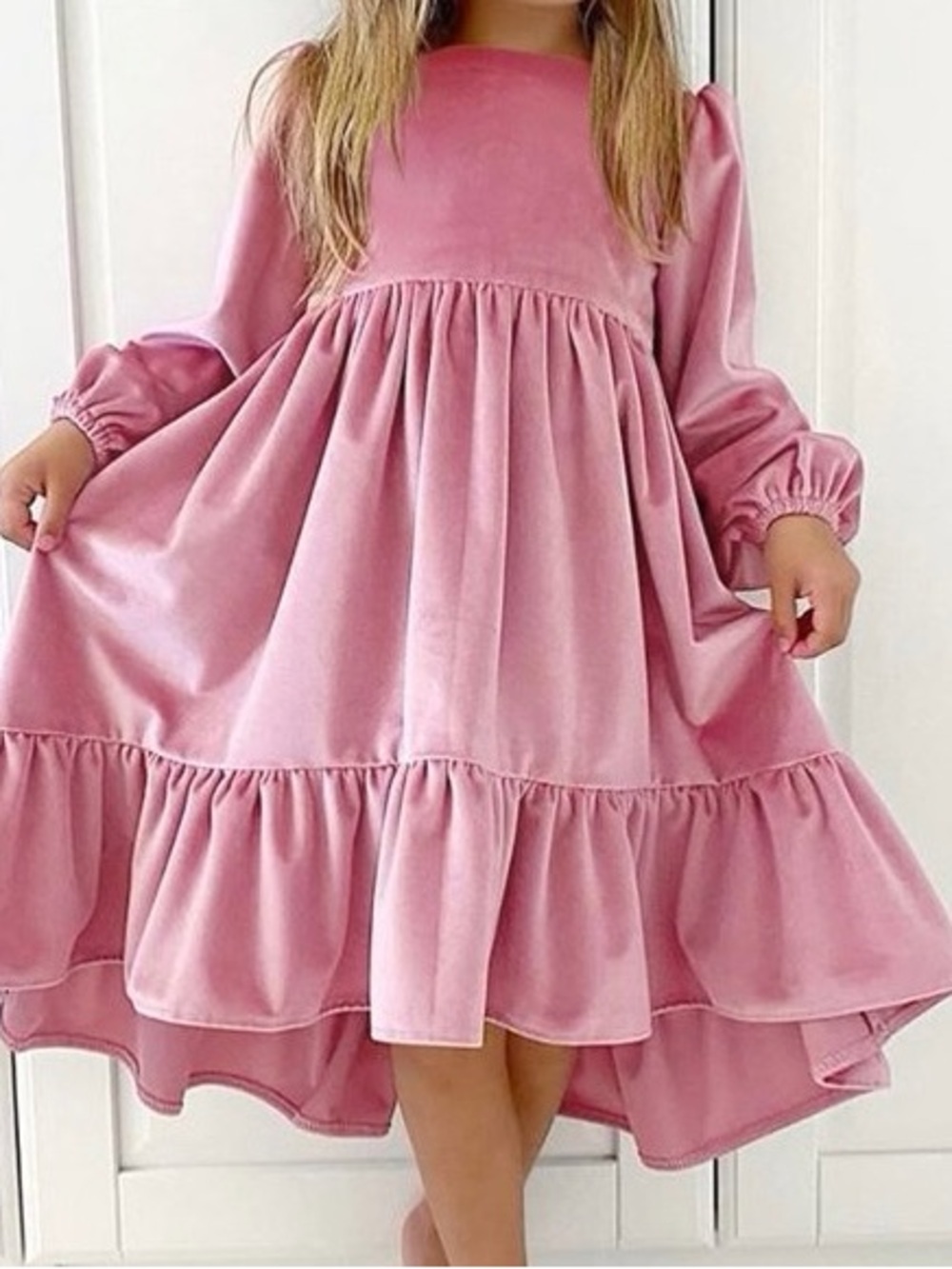 George Pink Velvet Tiered Long-Sleeve Dress